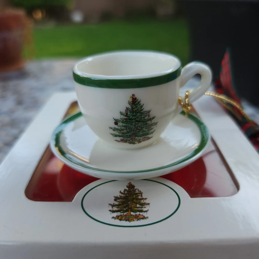 Spode Christmas Tree Teacup Ornament with Red and Green Plaid Bow - Picture 5 of 10